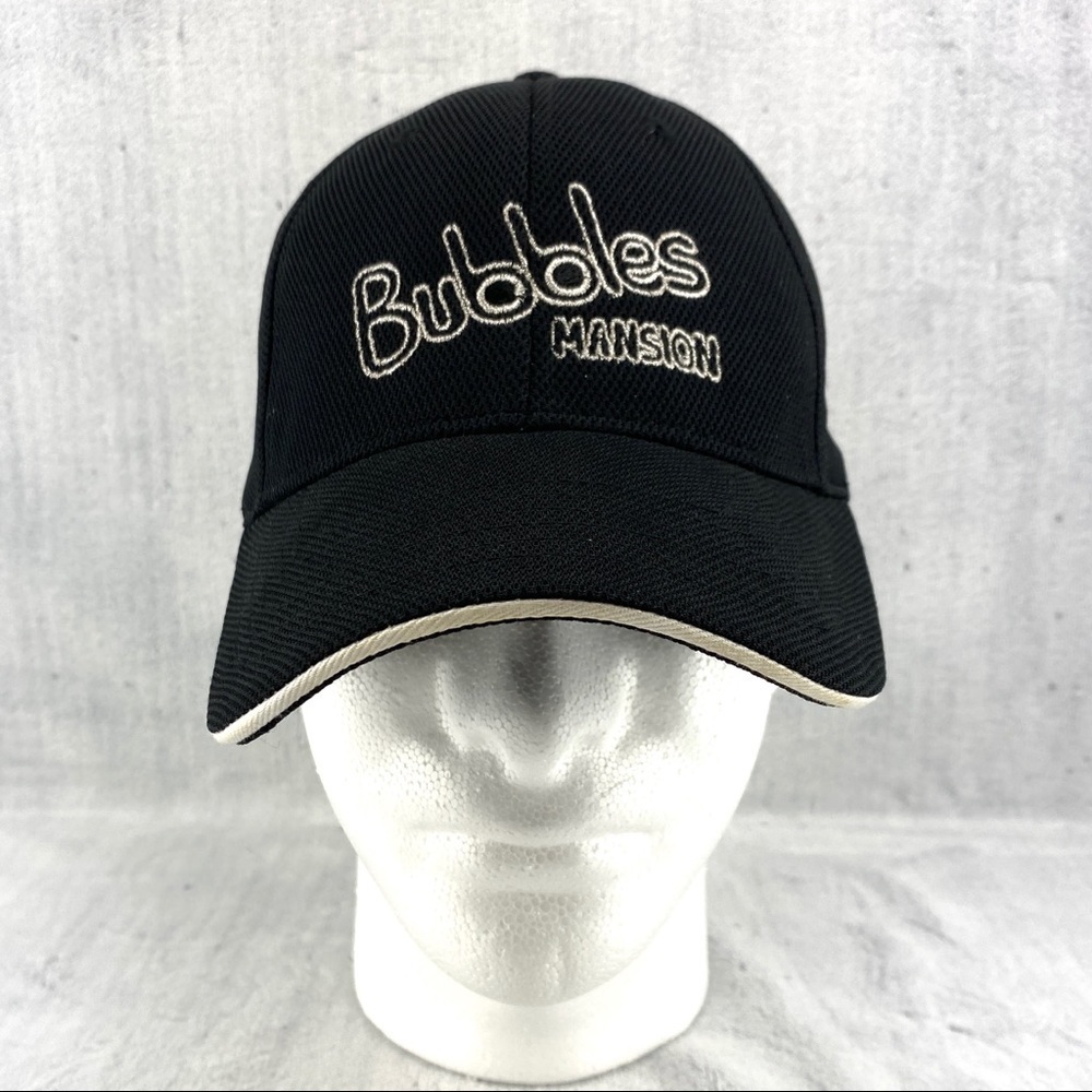 Bubble Mansion Black Fitted Ball Cap Sz S/Med Pre-curved Bill with White Accent